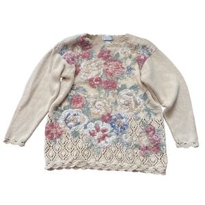 Casual Corner Sweater Women Cream Floral Hand Knit Vintage Cottagecore SIZE L
